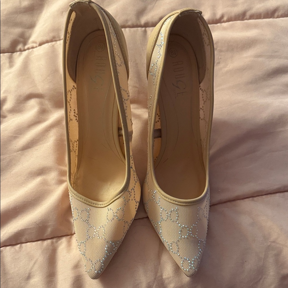 Women's Beige Pointed Toe Embellished Pumps